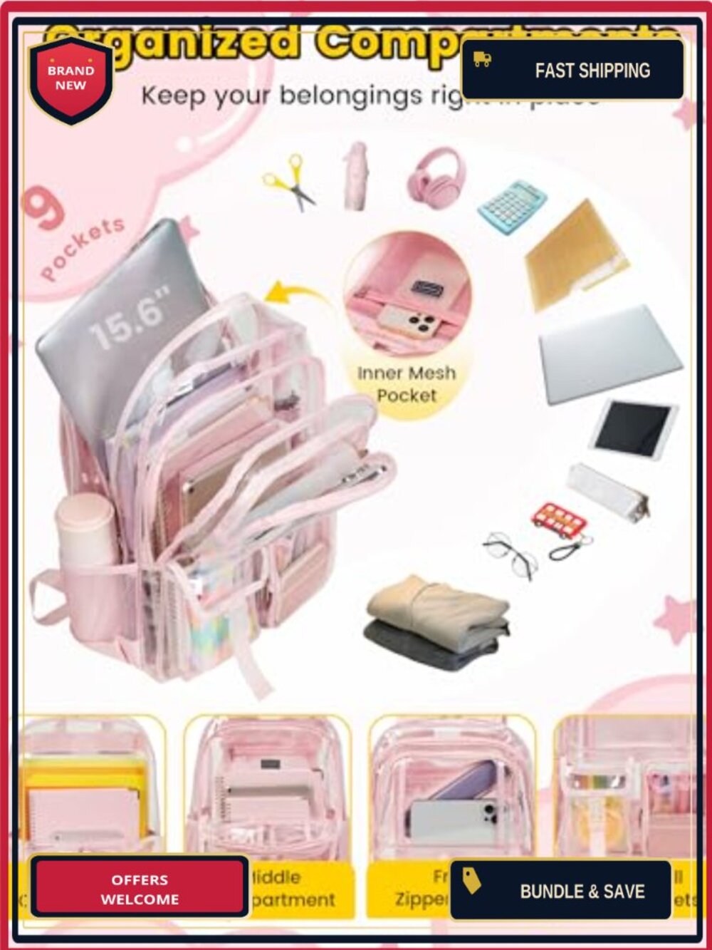 Clear PVC Backpack with 9 Pockets, Water Resistant, for School & Travel - Picture 2 of 5